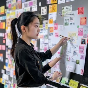 吴嘉怡，鲍鱼视频用户体验负责人，在白板前用马克笔绘制产品交互流程图，背景是贴满便利贴的创意墙