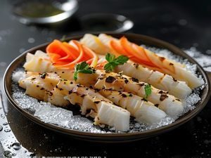 日式鲍鱼刺身切片摆盘在碎冰上，配山葵与酱油，刀工精细光泽透亮，展现鲍鱼视频日式料理教程的精致风格