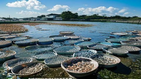 福建平潭岛海面上整齐排列的鲍鱼网箱养殖基地，工人在浮台上投喂海带饲料，阳光明媚画面开阔
