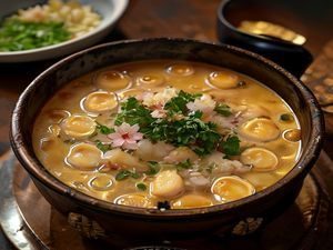 闽式鲍鱼煲在砂锅中咕嘟冒泡，配花胶与猪蹄，汤色浓郁金黄，是鲍鱼视频闽式菜系教程的代表作品